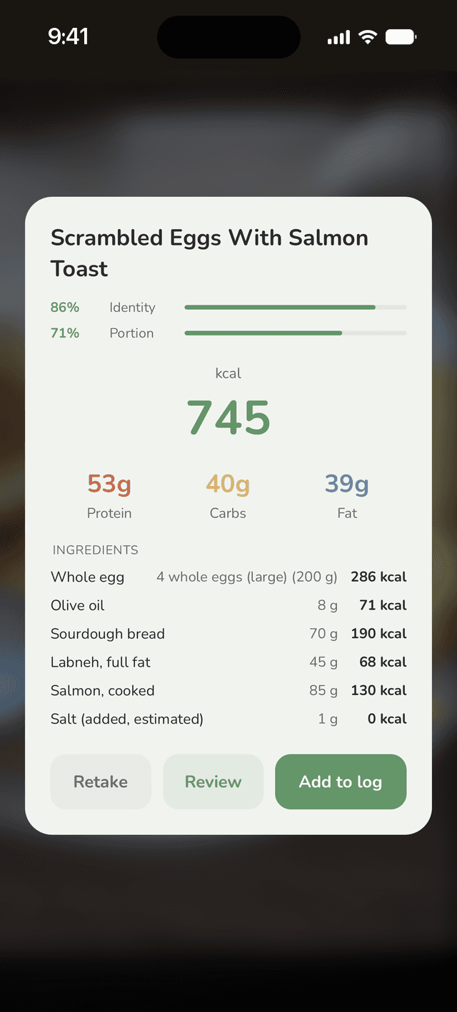 Smart Scan asking a clarifying question, and the composed meal